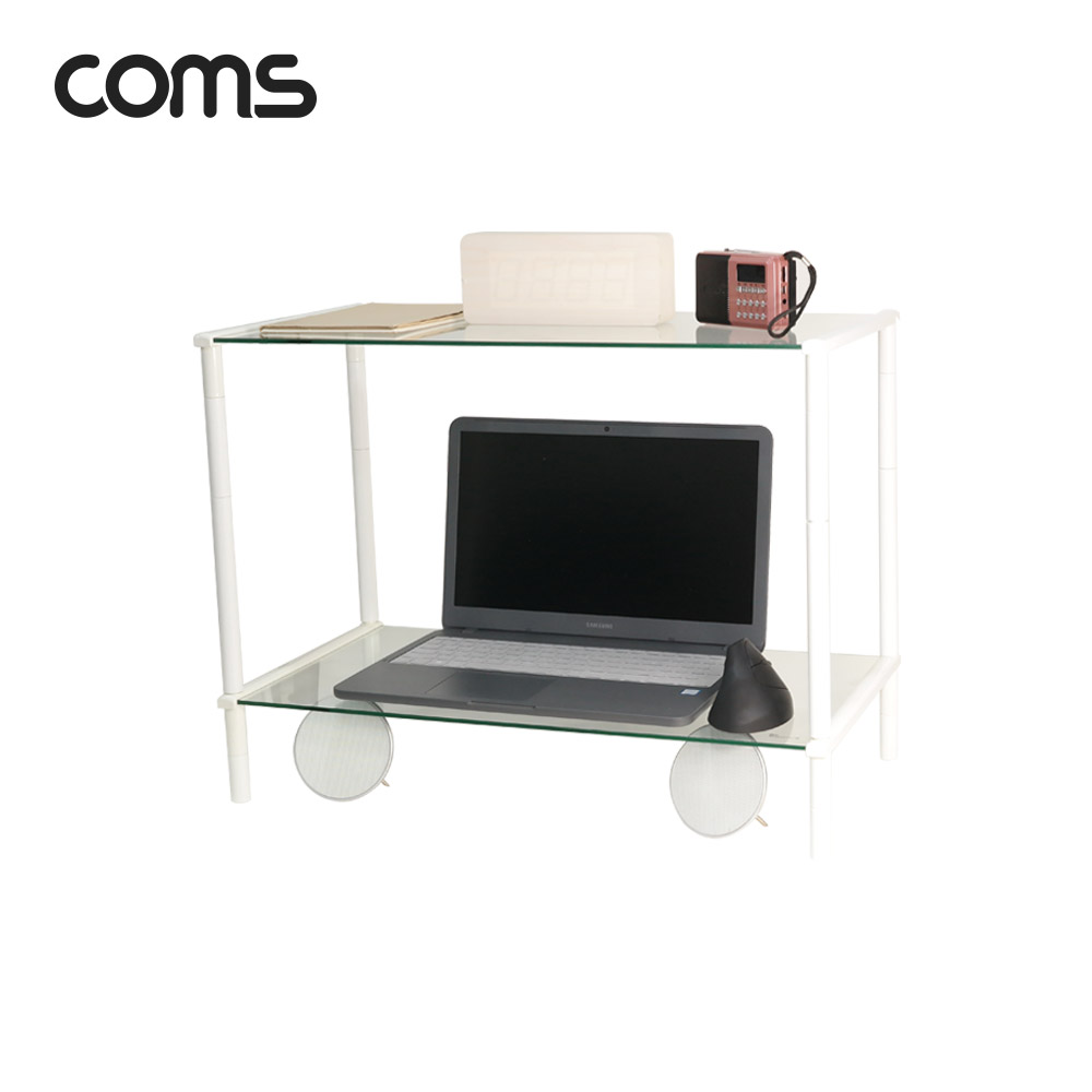 Coms 프린터,모니터,TV 높이조절 받침대/스탠드, 화이트프레임 투명유리 일반형 2단 (620mm x 309mm)