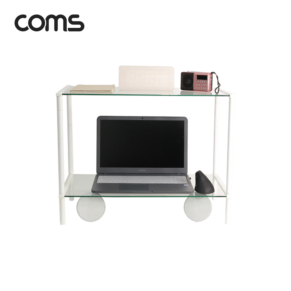 Coms 프린터,모니터,TV 높이조절 받침대/스탠드, 화이트프레임 투명유리 일반형 2단 (620mm x 309mm)