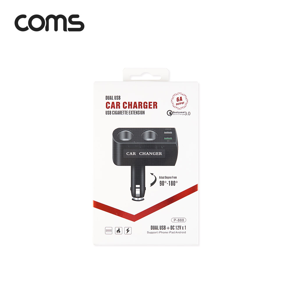 Coms 차량용 고속 충전 파워소켓 / 90도 회전 / QC 3.0 최대 6A / 시가 소켓 2구 / USB 2P