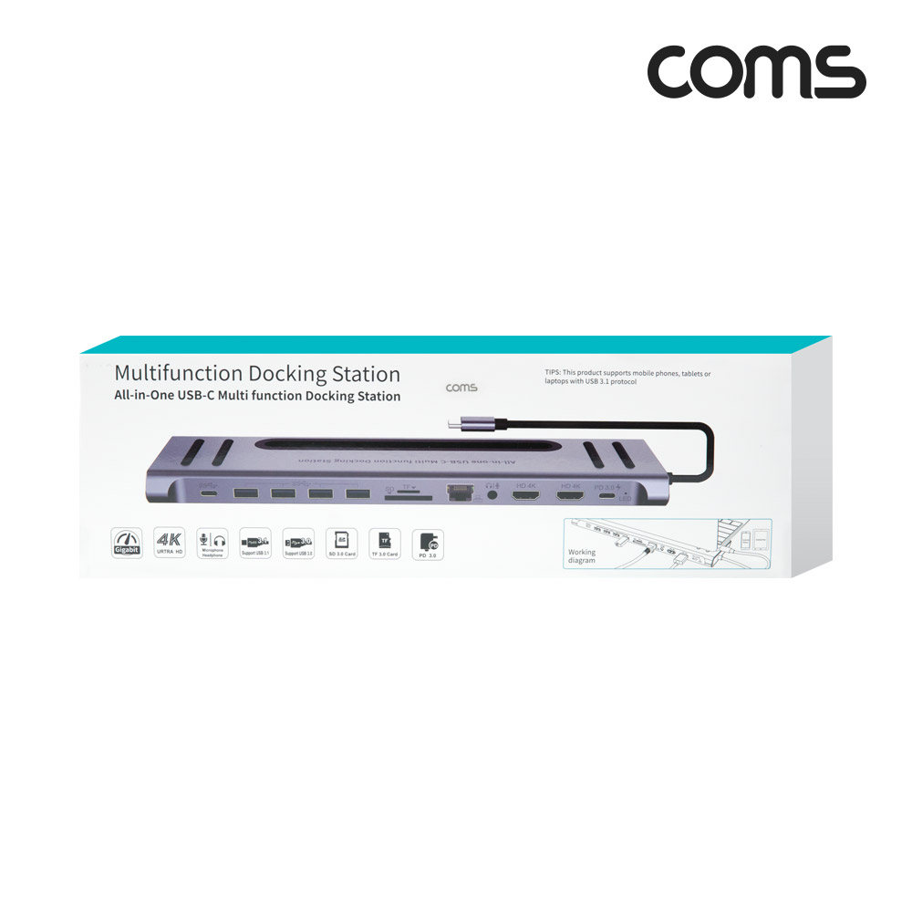 Coms USB 3.1(Type C) 멀티 도킹(컨버터/허브) 12 in 1, HDMI/Type C(PD)/SD/TF(Micro SD)/RJ45/USB 3.0/Audio, 기가비트 랜(Gigabit LAN), 4K 30Hz