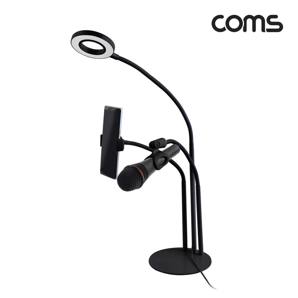Coms LED 원형 램프(Ring Light)&스마트폰&마이크 스탠드(3 in 1), 탁상 거치, 개인방송용, Black