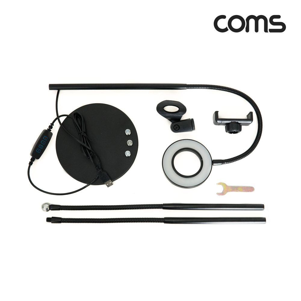 Coms LED 원형 램프(Ring Light)&스마트폰&마이크 스탠드(3 in 1), 탁상 거치, 개인방송용, Black