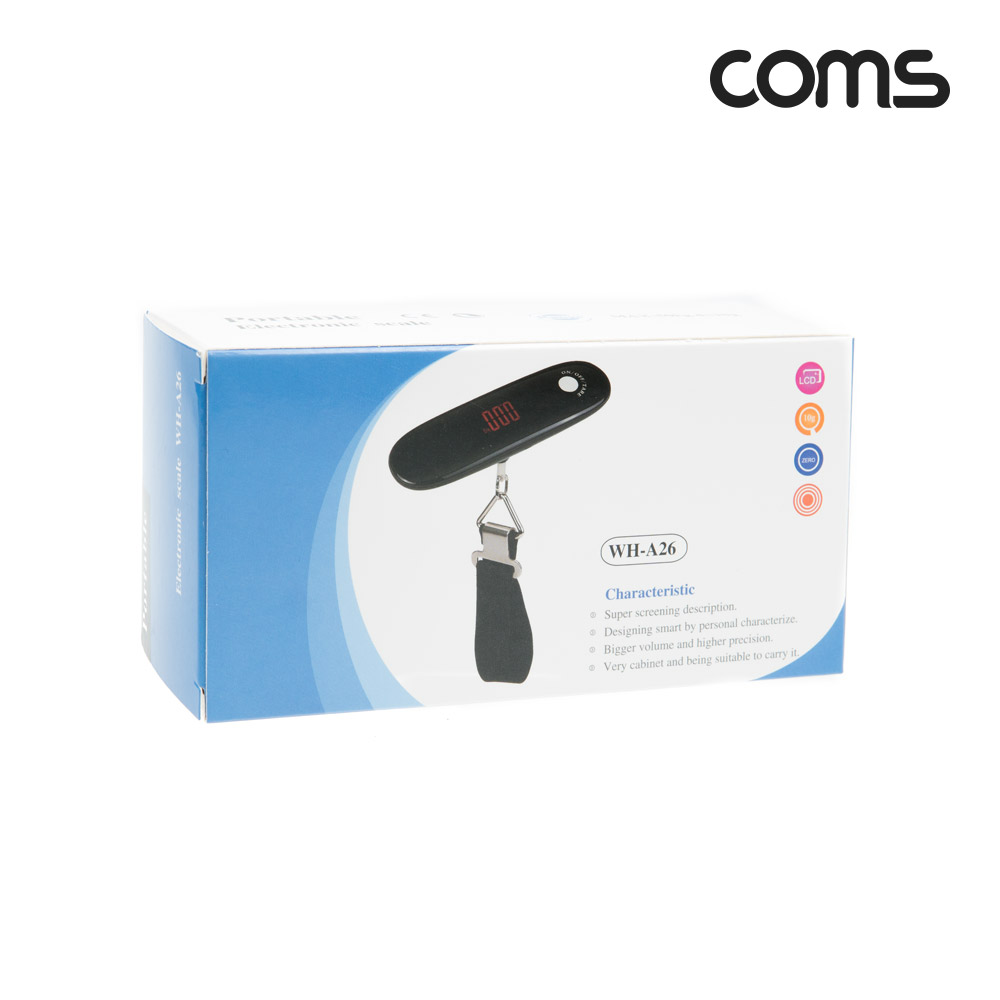 Coms 휴대용 디지털 손저울, 여행 캐리어 가방 무게 측정 최대 50kg, 후크 고리