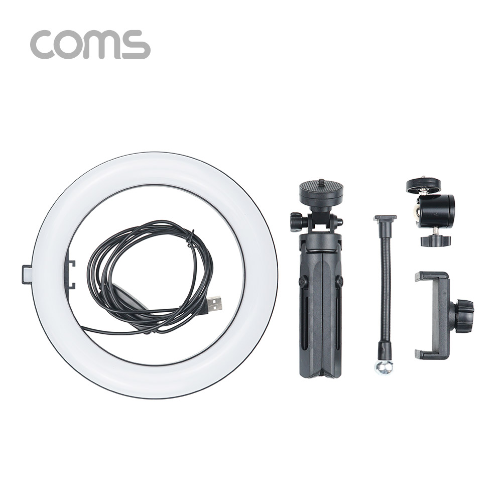 Coms LED 링 라이트, 삼각대 포함, 카메라 사진, 동영상 개인방송 스튜디오 보조장비 원형 램프(랜턴), 20cm ,탁상용 스튜디오 미니 조명, 밝기 조절 가능