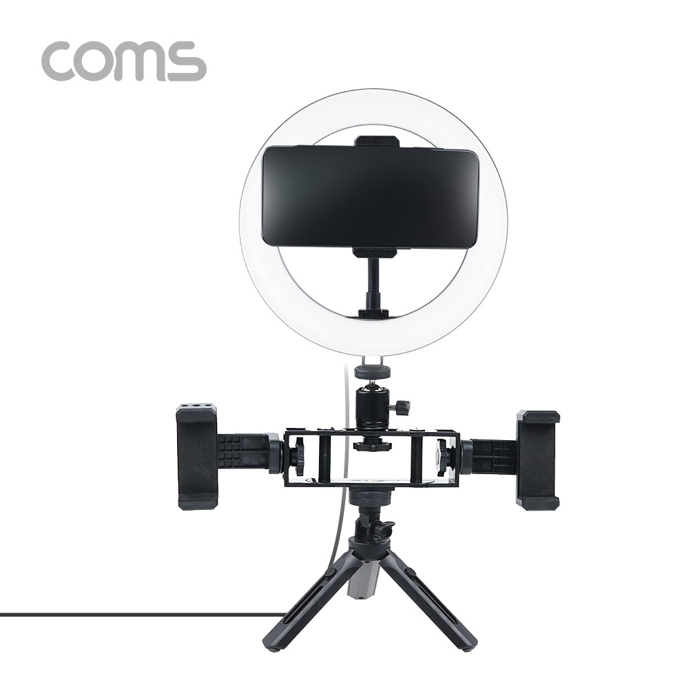 Coms LED 링 라이트, 삼각대 포함, 스마트폰 거치대x3, 카메라 사진, 동영상 개인방송 스튜디오 보조장비 원형 램프(랜턴), 20cm ,탁상용 스튜디오 미니 조명, 밝기 조절 가능