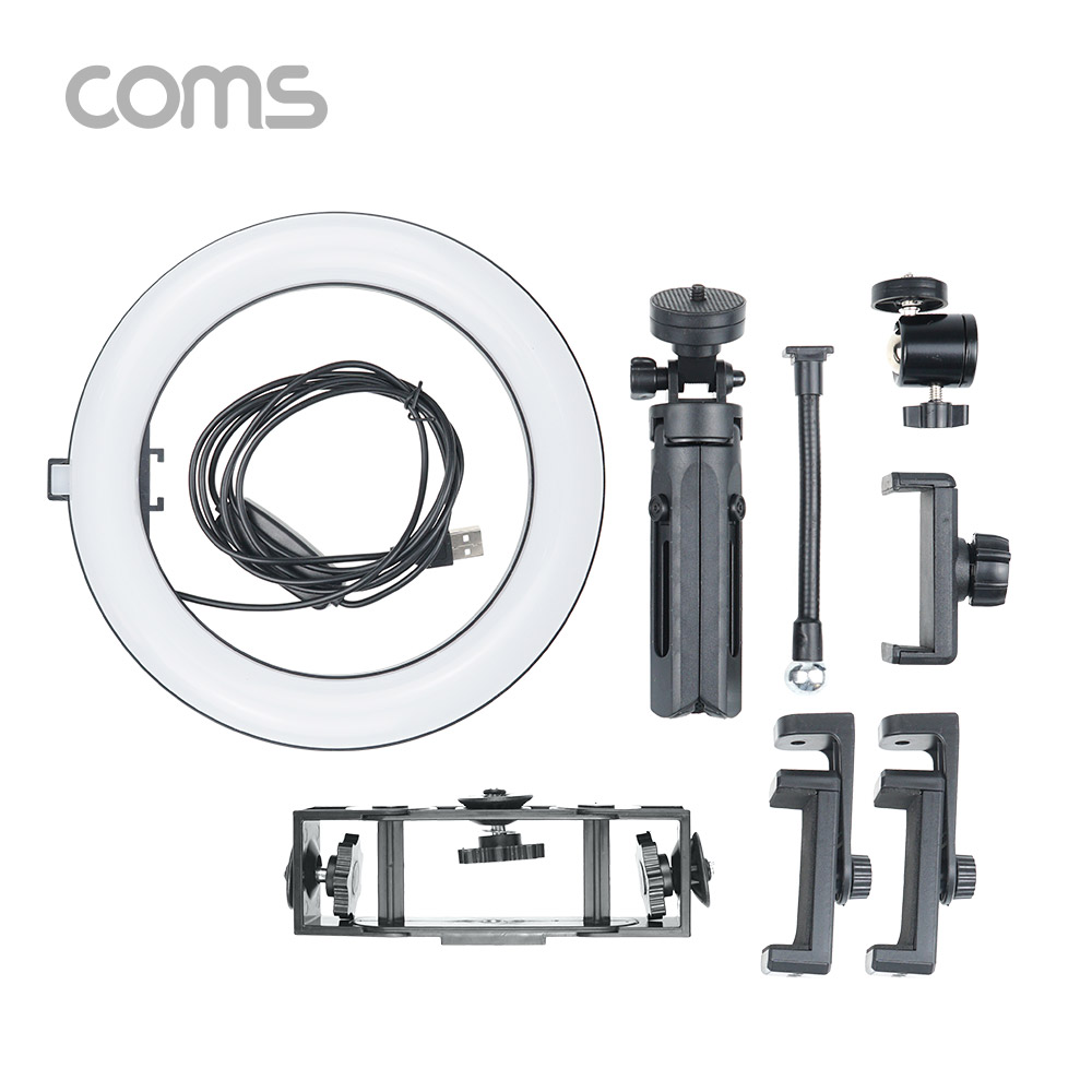 Coms LED 링 라이트, 삼각대 포함, 스마트폰 거치대x3, 카메라 사진, 동영상 개인방송 스튜디오 보조장비 원형 램프(랜턴), 20cm ,탁상용 스튜디오 미니 조명, 밝기 조절 가능