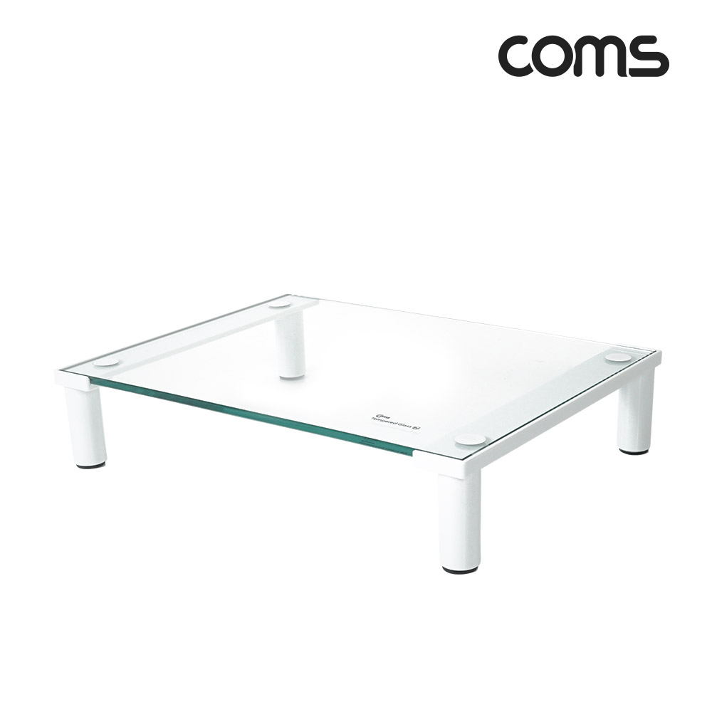 Coms 모니터 받침대,스탠드, 화이트프레임 투명유리 볼트형 1단 (290mm x 210mm)
