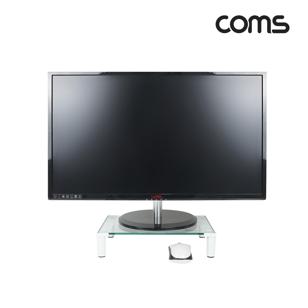 Coms 모니터 받침대,스탠드, 화이트프레임 투명유리 볼트형 1단 (290mm x 210mm)