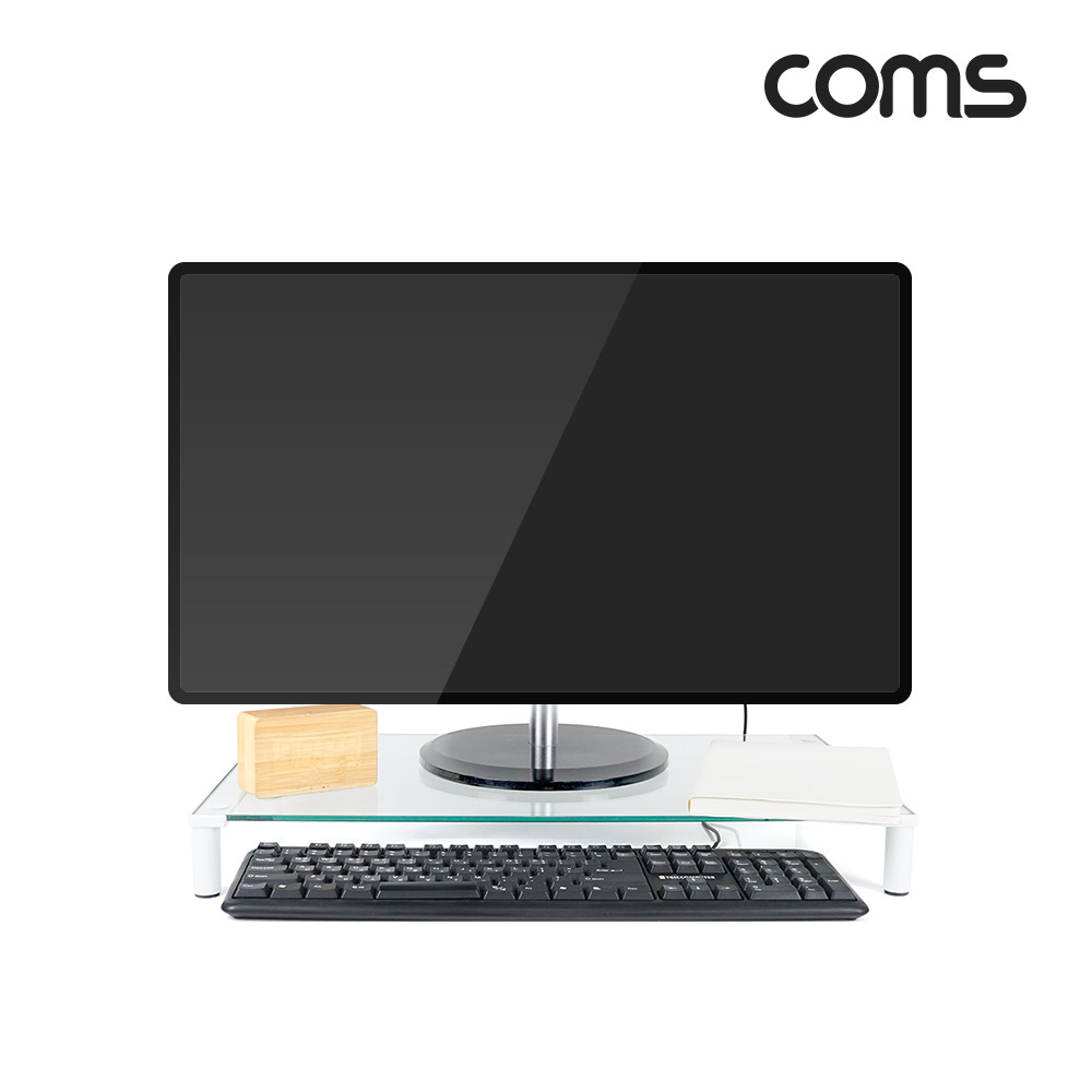 Coms 모니터 받침대,스탠드, 화이트프레임 투명유리 볼트형 1단 (520mm x 309mm)