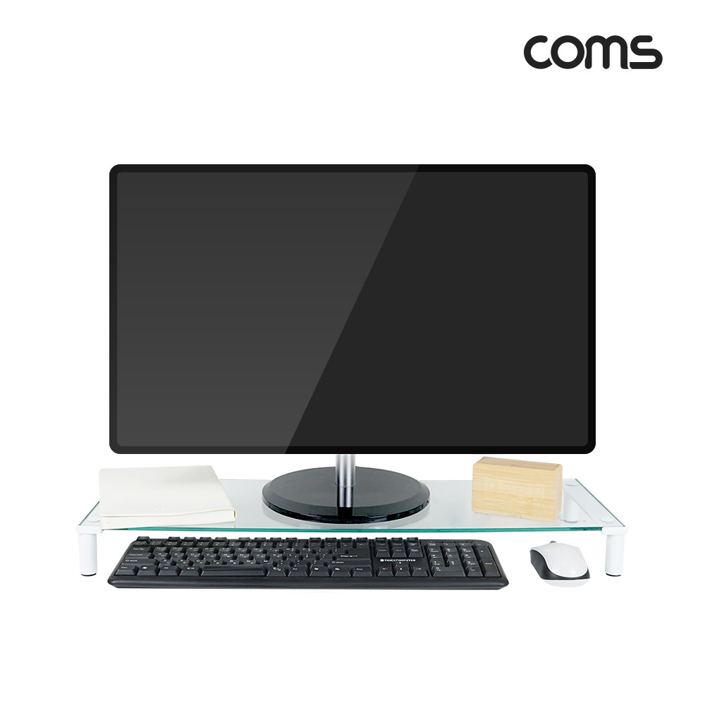 Coms 모니터 받침대,스탠드, 화이트프레임 투명유리 볼트형 1단 (620mm x 210mm)