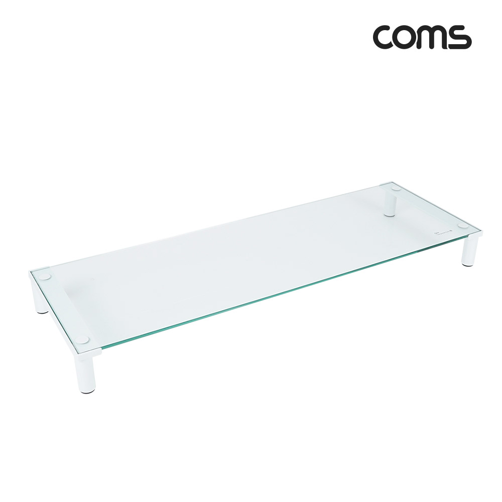 Coms 모니터 받침대,스탠드, 화이트프레임 투명유리 볼트형 1단 (620mm x 210mm)