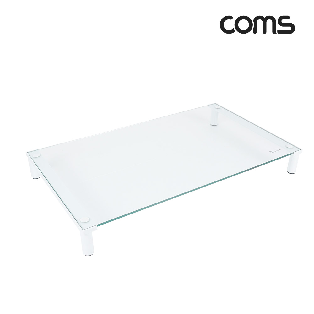 Coms 모니터 받침대/스탠드,  화이트프레임 투명유리  유리볼트형 1단 (620mm x 309mm)