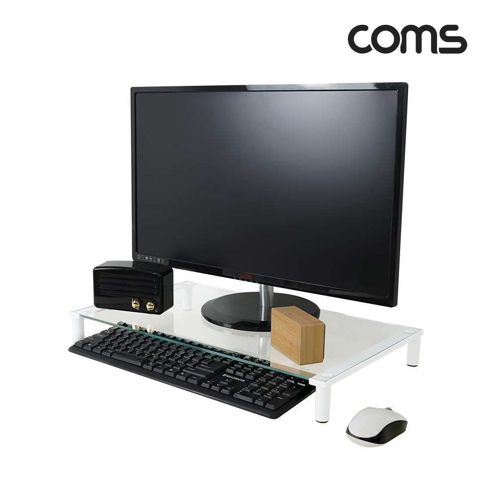 Coms 모니터 받침대/스탠드,  화이트프레임 투명유리  유리볼트형 1단 (620mm x 309mm)