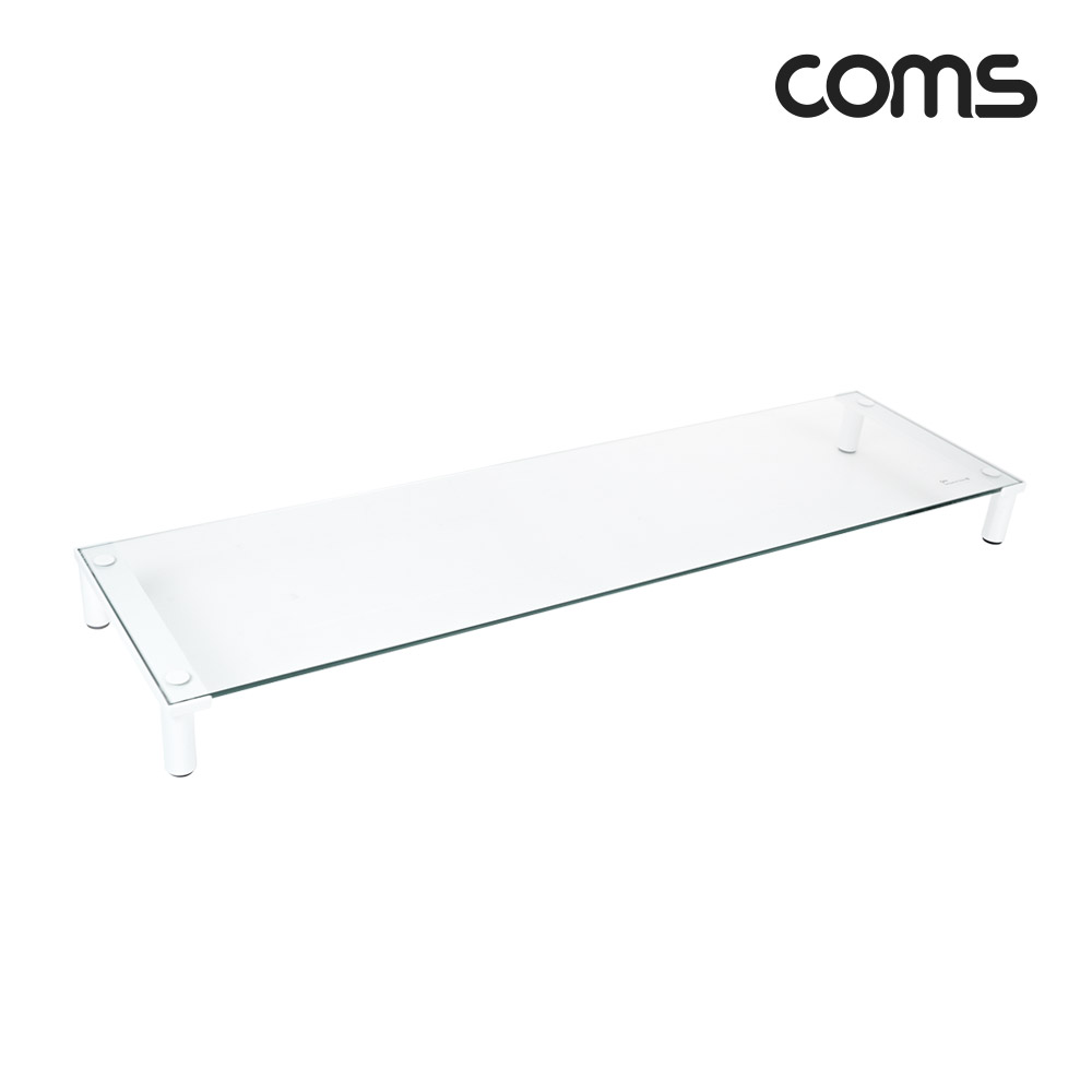 Coms 듀얼 모니터 받침대/스탠드,   화이트프레임 투명유리 유리볼트형 1단 (760x209)