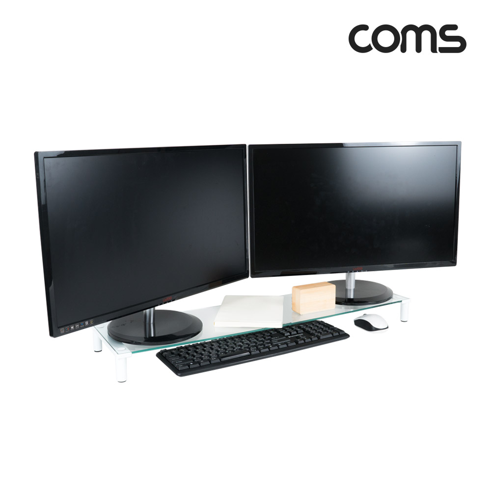 Coms 듀얼 모니터 받침대/스탠드,   화이트프레임 투명유리 유리볼트형 1단 (760x209)