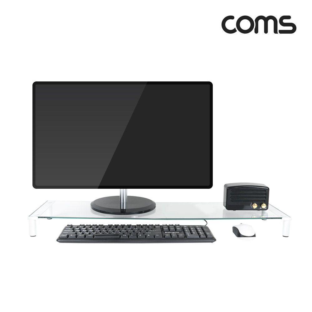 Coms 듀얼 모니터 받침대/스탠드,   화이트프레임 투명유리 유리볼트형 1단 (760x209)