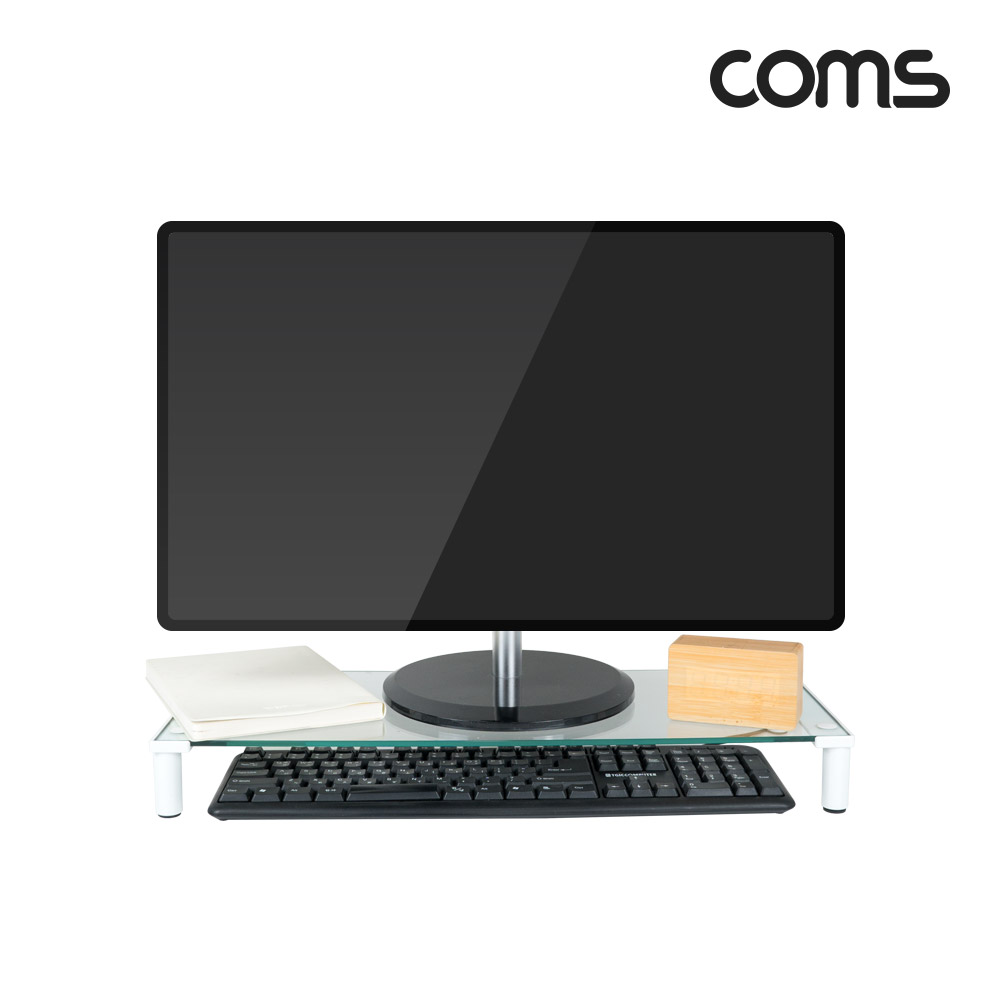 Coms 모니터 받침대/스탠드,   화이트프레임 투명유리 유리볼트형 1단 (530mm x 210mm)