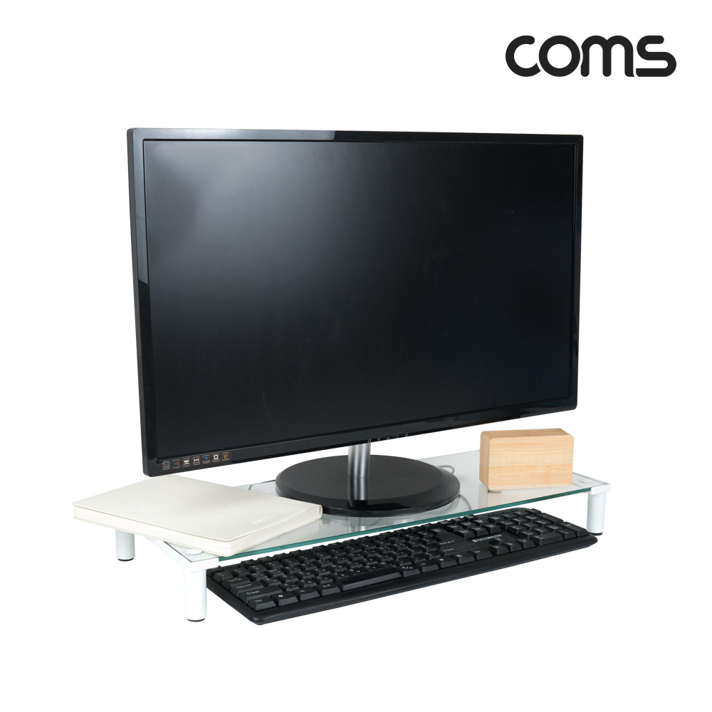 Coms 모니터 받침대/스탠드,   화이트프레임 투명유리 유리볼트형 1단 (530mm x 210mm)