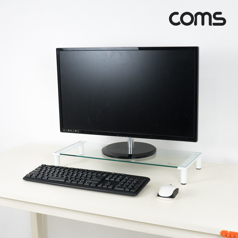Coms 모니터 받침대/스탠드,   화이트프레임 투명유리 유리볼트형 1단 (530mm x 210mm)