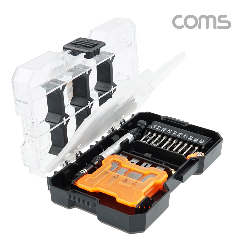 Coms 다기능 드라이버 세트 34 in 1, 다용도 멀티 공구, 수납칸 칼날 드릴비트 비트 못 등