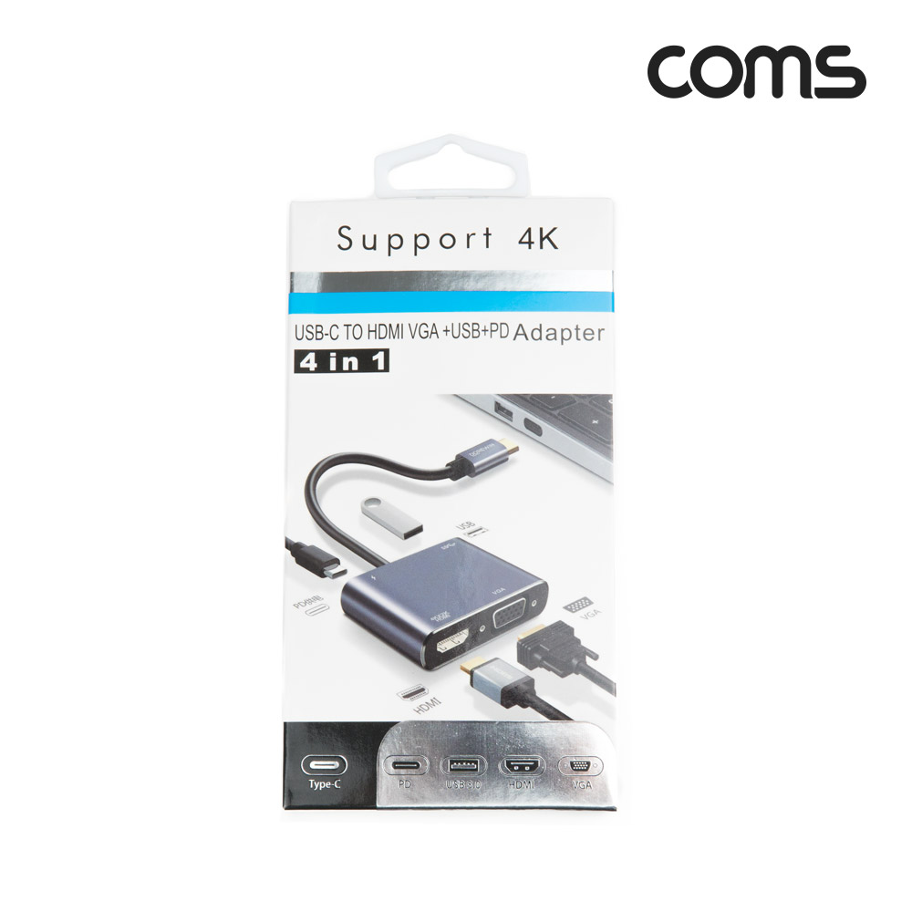 Coms 4 in 1 USB 3.1(Type C) 멀티 컨버터, HDMI VGA USB3.0 C타입 PD충전, 4K@30Hz FHD, D-SUB RGB