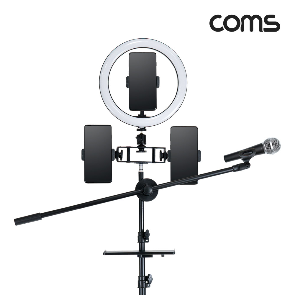 Coms LED 링 라이트 10형, 삼각대, 거치대, 스탠드, 스마트폰 거치대x3, 마이크 거치, 카메라 사진, 동영상 개인방송 스튜디오 보조장비 원형 램프(랜턴), 22.5cm, 밝기 조절 가능
