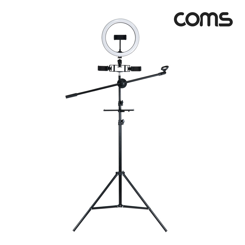 Coms LED 링 라이트 10형, 삼각대, 거치대, 스탠드, 스마트폰 거치대x3, 마이크 거치, 카메라 사진, 동영상 개인방송 스튜디오 보조장비 원형 램프(랜턴), 22.5cm, 밝기 조절 가능