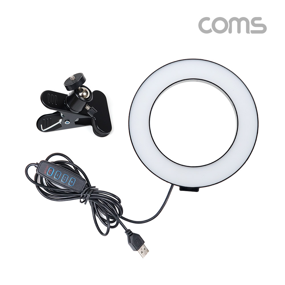Coms LED 링 라이트 16cm, 집게형 거치대, 스탠드, 카메라 사진, 동영상 개인방송 스튜디오 보조장비 원형 램프(랜턴), 밝기 조절 가능