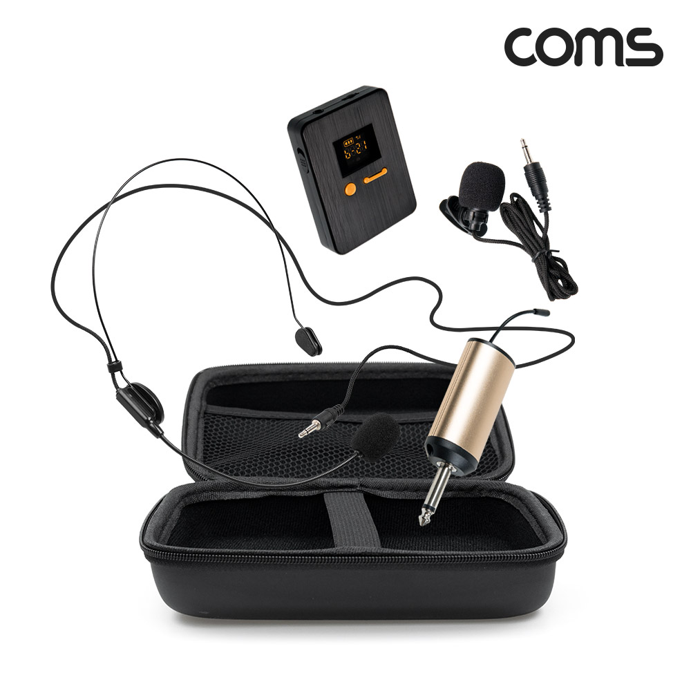 Coms 2채널 UHF 무선 마이크(채널A 핸디마이크, 채널B 헤드셋마이크)+핀마이크+리시버(수신기)+C타입젠더 세트