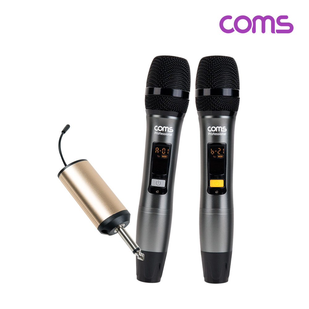 Coms 2채널 UHF 무선 듀얼 핸디마이크(채널A+채널B)+리시버(수신기)+C타입젠더 세트