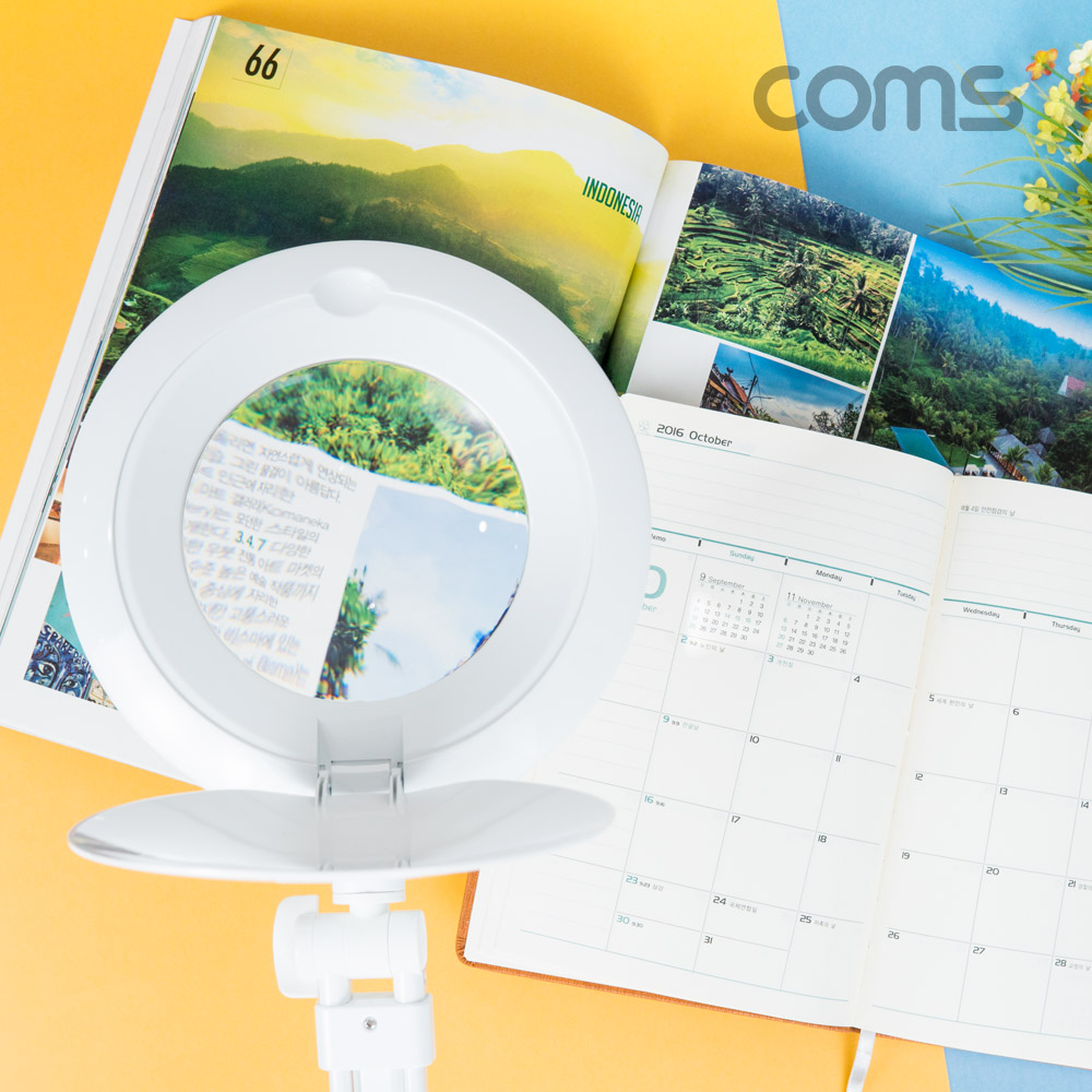 Coms 스탠드 LED 돋보기 확대경 폴더형, 책상 탁상 테이블 나사 고정, 램프 조명