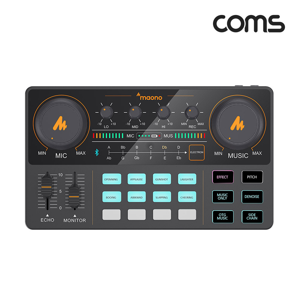 Coms 오디오 사운드 카드 믹서, 오디오 믹서, 사운드 변환, 노이즈감소 DSP 칩 내장, 음향효과, 라이브 스트리밍, 팟캐스트, 1인 방송, 1인 유튜버, 외장형, 충전식 배터리 내장, 휴대가능