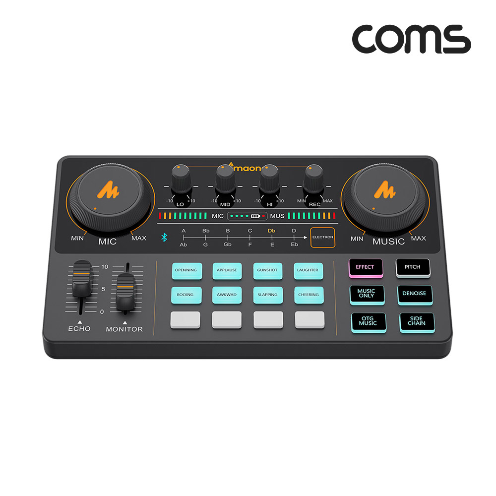 Coms 오디오 사운드 카드 믹서, 오디오 믹서, 사운드 변환, 노이즈감소 DSP 칩 내장, 음향효과, 라이브 스트리밍, 팟캐스트, 1인 방송, 1인 유튜버, 외장형, 충전식 배터리 내장, 휴대가능