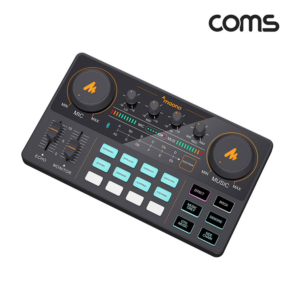 Coms 오디오 사운드 카드 믹서, 오디오 믹서, 사운드 변환, 노이즈감소 DSP 칩 내장, 음향효과, 라이브 스트리밍, 팟캐스트, 1인 방송, 1인 유튜버, 외장형, 충전식 배터리 내장, 휴대가능