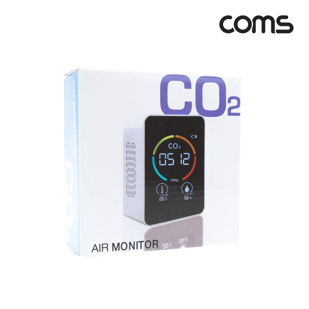 Coms 이산화탄소 측정기, CO2, 공기질, 가정용, 실내, 습도, 온도 체크, 충전식, 테스터기, 1200mAh