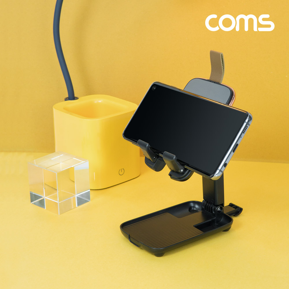 Coms 접이식 스마트폰 거치대, 스탠드, 무게중심 분산, 높이조절, 각도조절, 탁상용, 휴대용, 스트랩, Black
