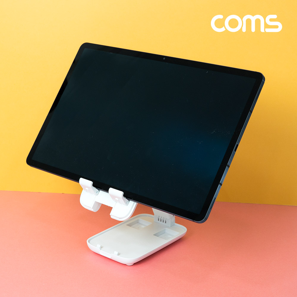 Coms 접이식 태블릿&스마트폰 거치대, 스탠드, 무게중심 분산, 높이조절, 각도조절, 탁상용, 휴대용, 스트랩, White