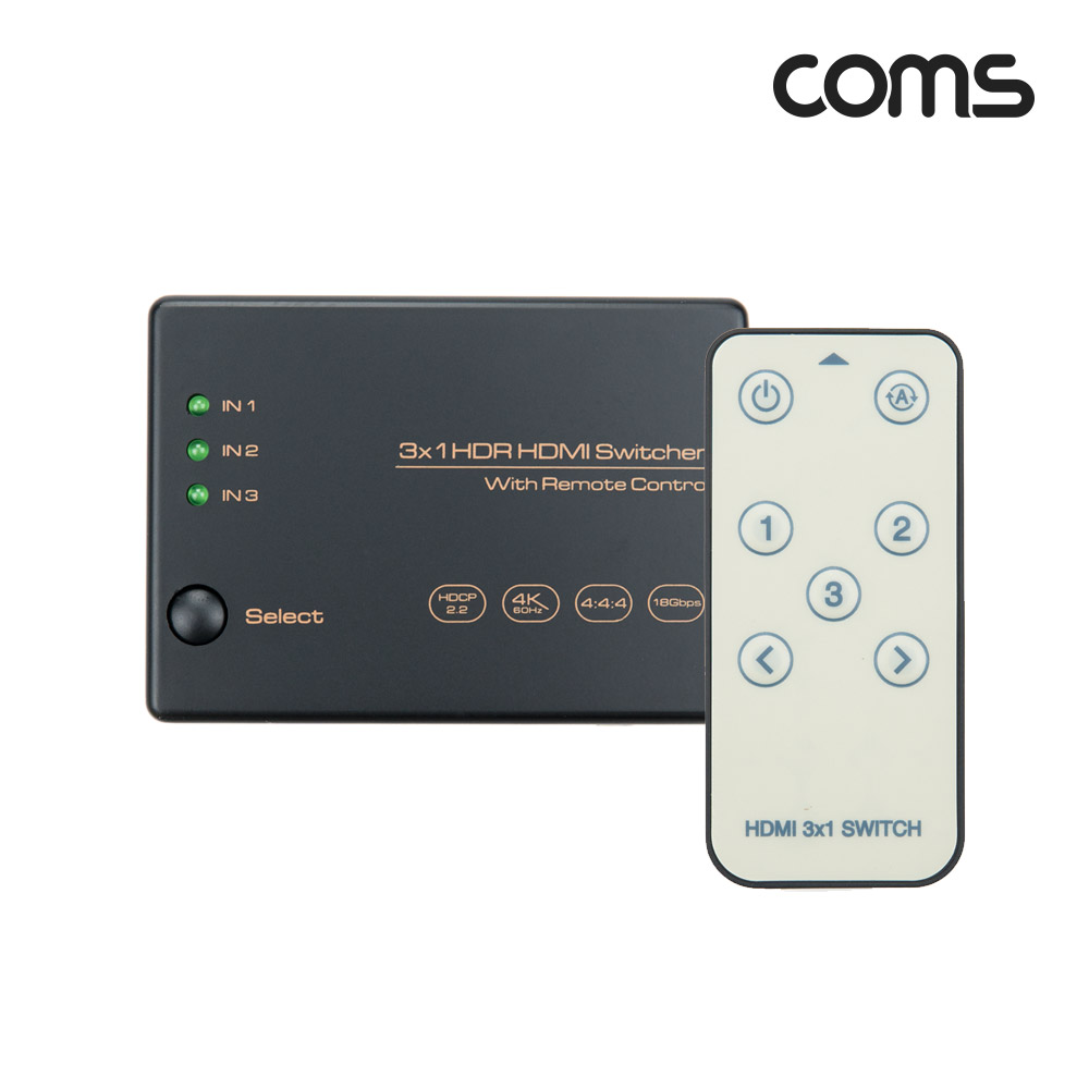 Coms HDMI 2.0 선택기 (3:1) / 4K@60Hz / IR / 리모컨 / HDR / HDCP 2.2