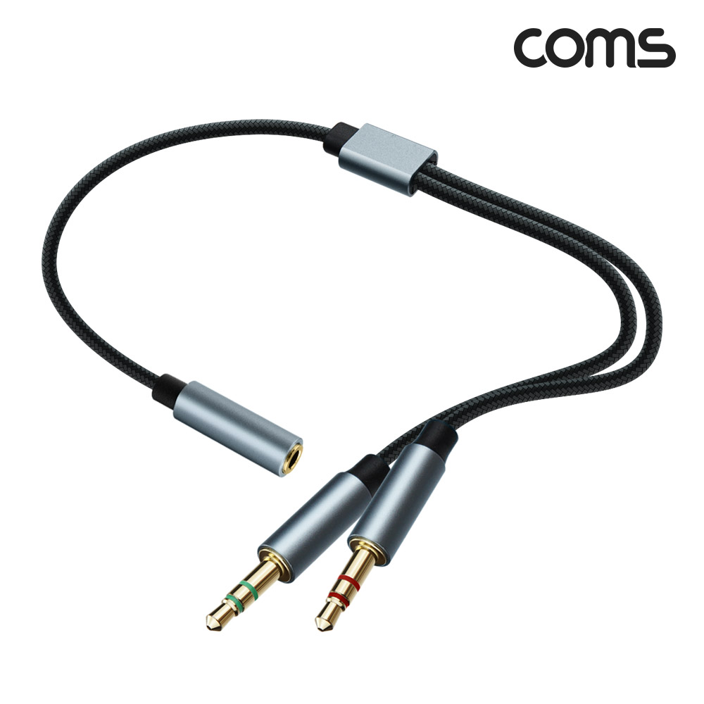 Coms 4극 스테레오 Y형 메쉬 케이블 30cm, AUX Stereo 3.5mm 4극 F to 3극 M x2 , 순수 무산소동선 사용 OFC