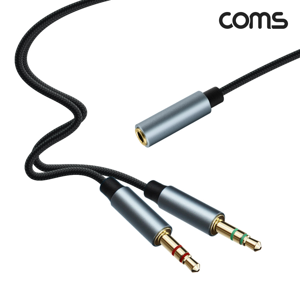 Coms 4극 스테레오 Y형 메쉬 케이블 30cm, AUX Stereo 3.5mm 4극 F to 3극 M x2 , 순수 무산소동선 사용 OFC