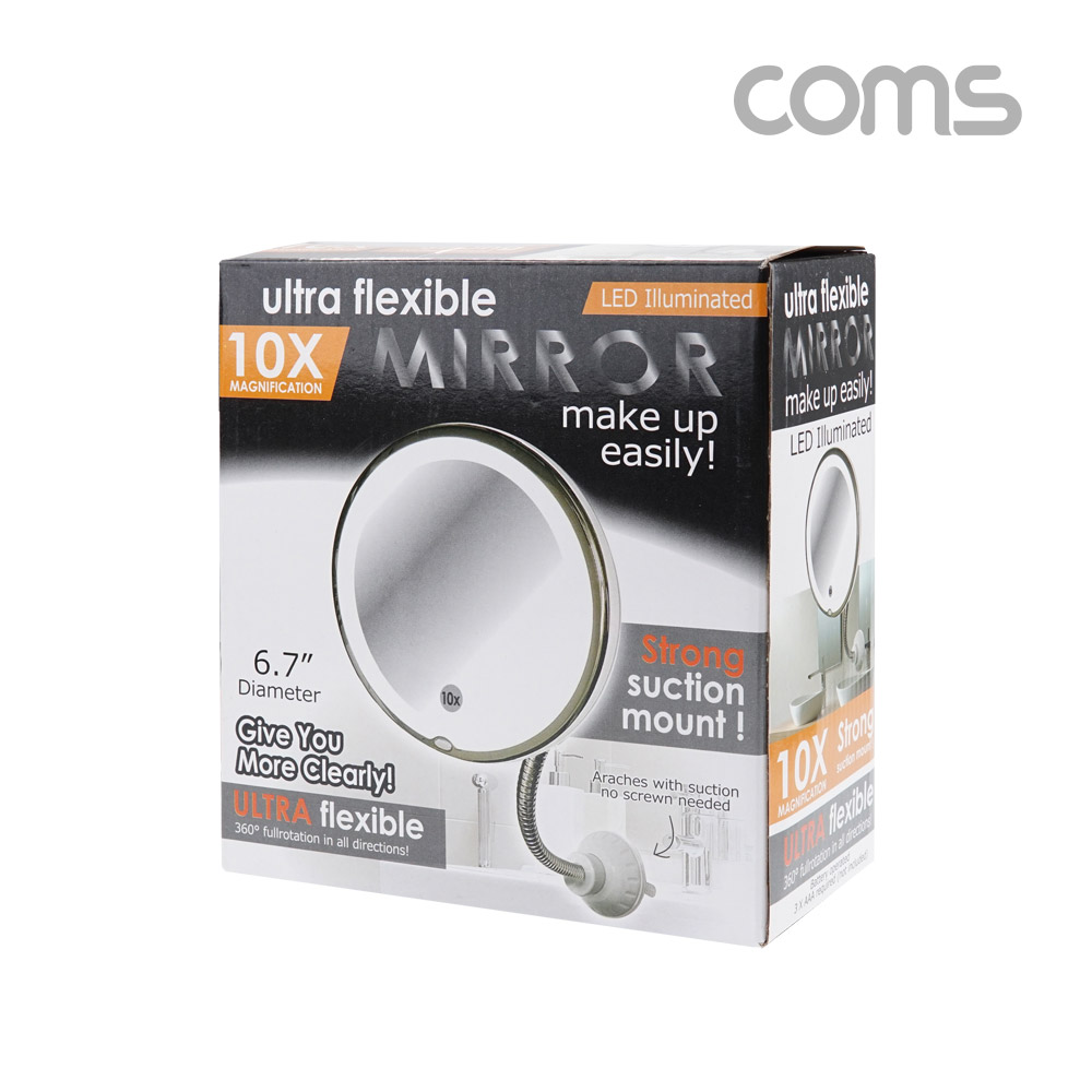 Coms LED 확대 거울, 화장, 조명, 램프, 뷰티, 플렉시블 자바라, 10배율 6.7형, 욕실, 거울 흡착패드 부착