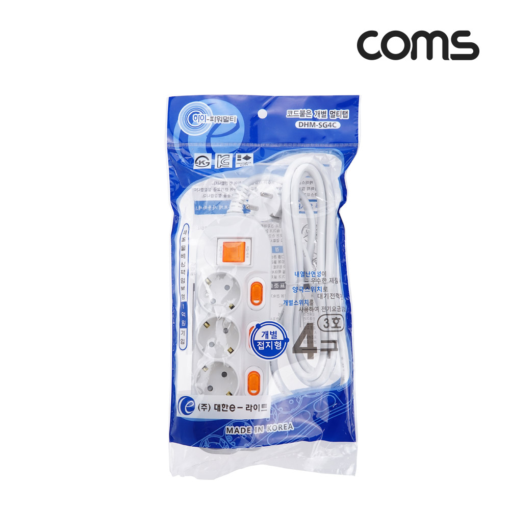 Coms 개별 스위치 멀티탭 4구 접지, 대한 SW 3호, 16A 2.5M