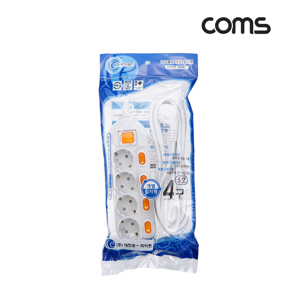 Coms 개별 스위치 멀티탭 4구 접지, 대한 SW 5호, 16A 4.5M