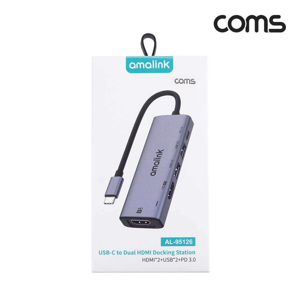 Coms USB Type C to HDMI 듀얼 컨버터, 4K@60Hz, HDMIx2 + USB2.0x2 + PD3.0, 도킹스테이션 허브 화면미러링