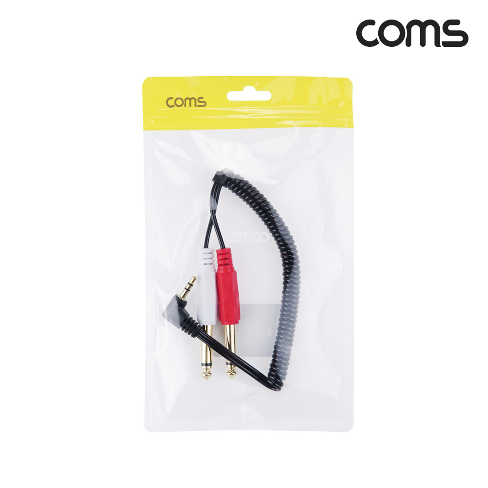 Coms AV 스프링 케이블, 3.5 Stereo 스테레오 꺾임(M) to 6.5 Mono 모노(M)x2 30cm~80cm, 오디오 변환, 2분배