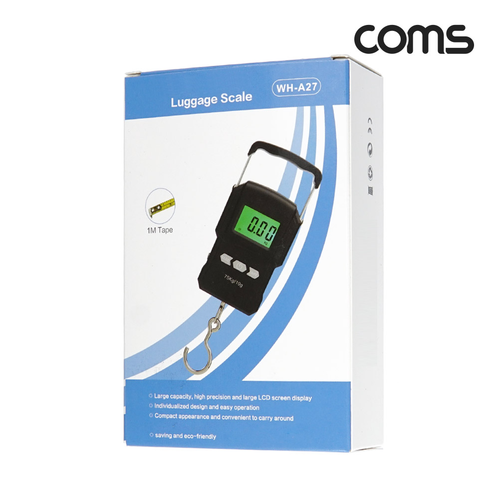 Coms 휴대용 디지털 손저울 여행 캐리어 가방 무게 측정 최대 75kg 후크 고리 미니 크레인