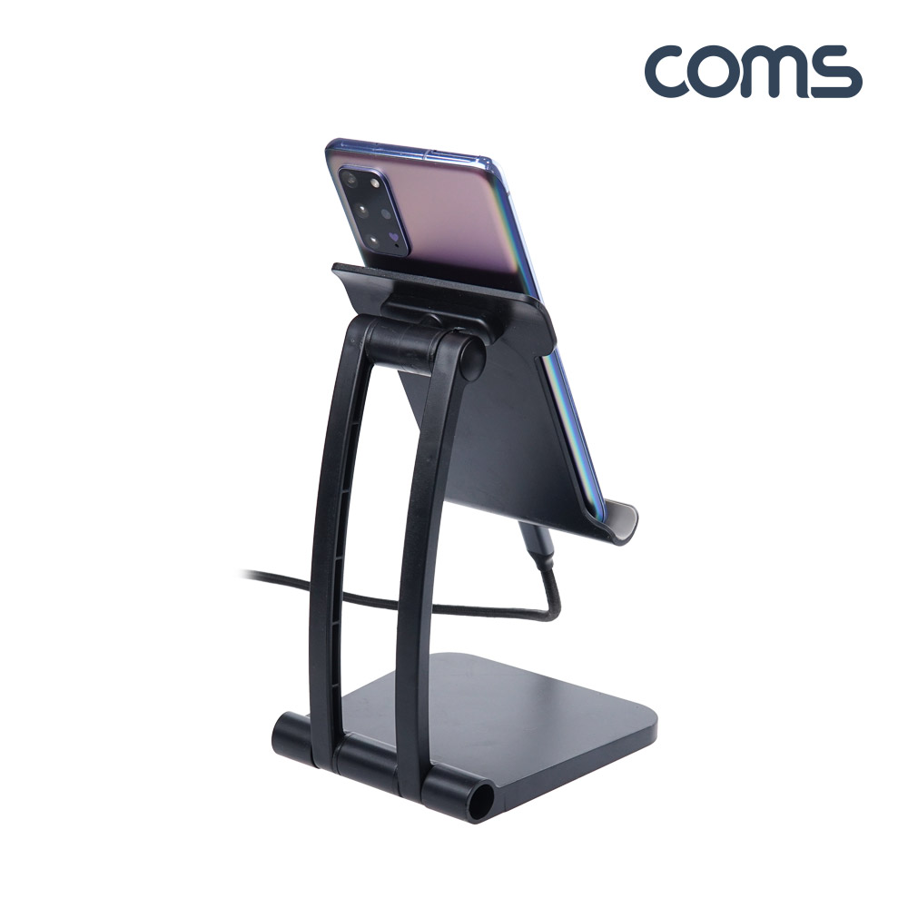Coms 접이식 스마트폰 거치대, 태블릿 거치, 스탠드, 탁상용, 2단 각도조절, Black