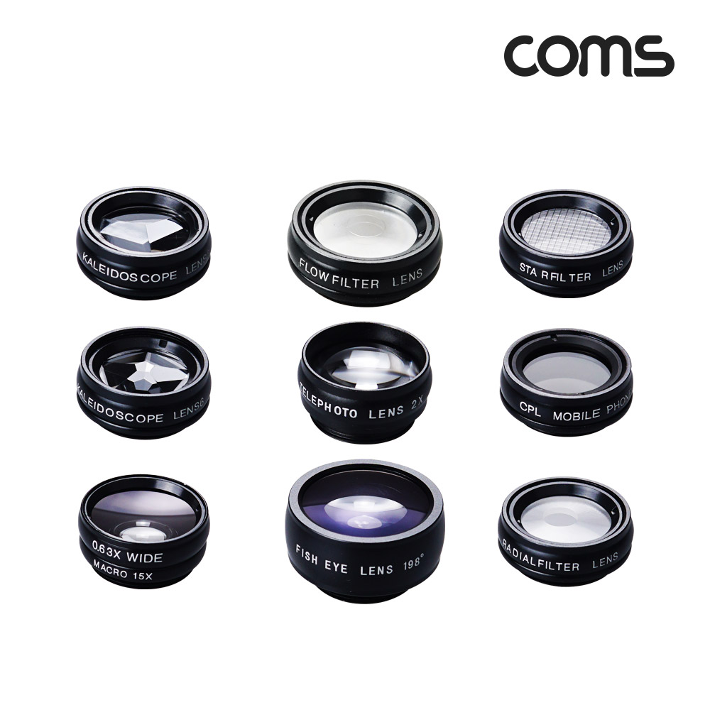 Coms 스마트폰 카메라 렌즈 키트 10 in 1, 필터, 플로, 어안, 매크로, CPL, 스타, 만화경, 방사형, 광각, 접사