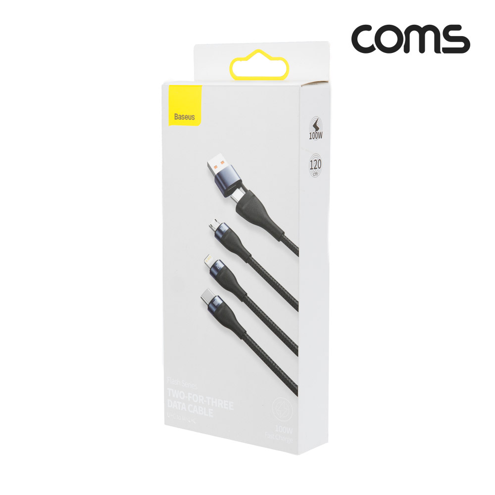Coms 스마트폰 멀티 케이블(3 in 1) Type C+USB to C타입/8핀(8Pin)/Micro 5P, 최대 100W, PD, QC, 고속충전 및 데이터 전송