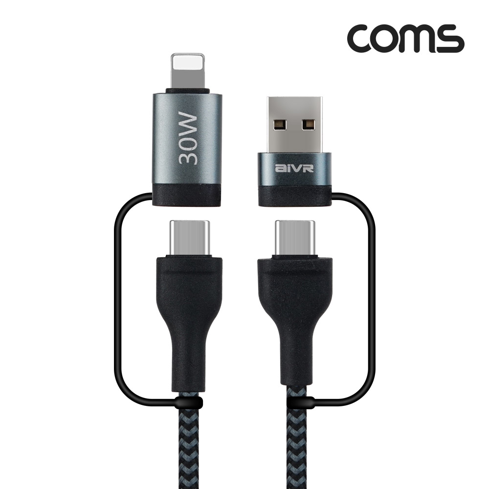 Coms 스마트폰 멀티 케이블(4 in 1), USB 꼬리물기 케이블, PD C to C(Type C) 60W, C to 8핀(8Pin) 30W, 고속충전, 데이터 전송